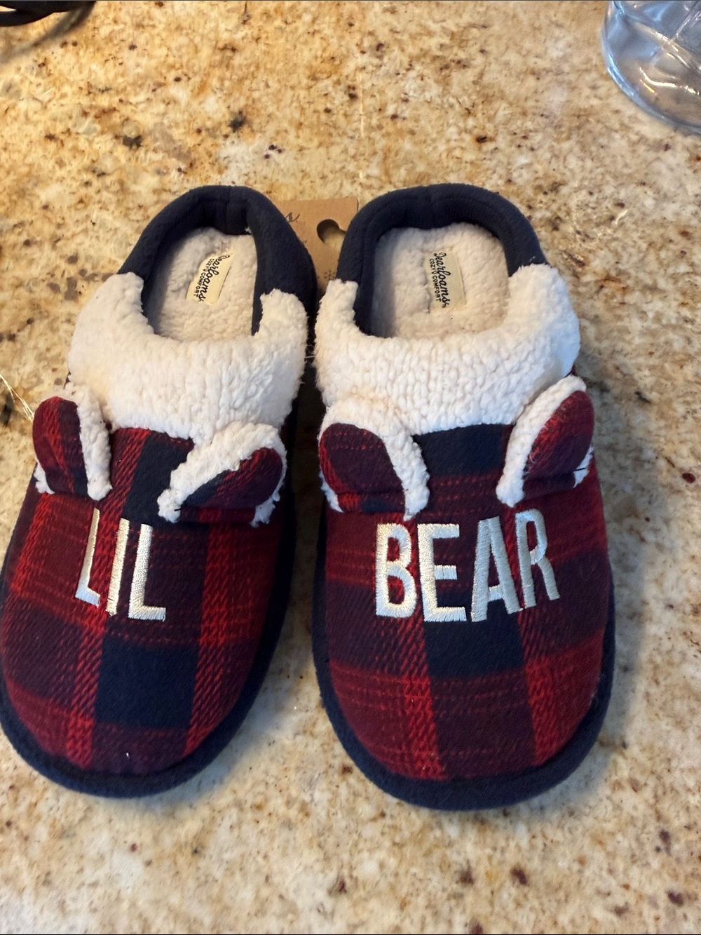 dearfoams Kids Plaid 'Lil Bear' Slippers - Red, Black & White